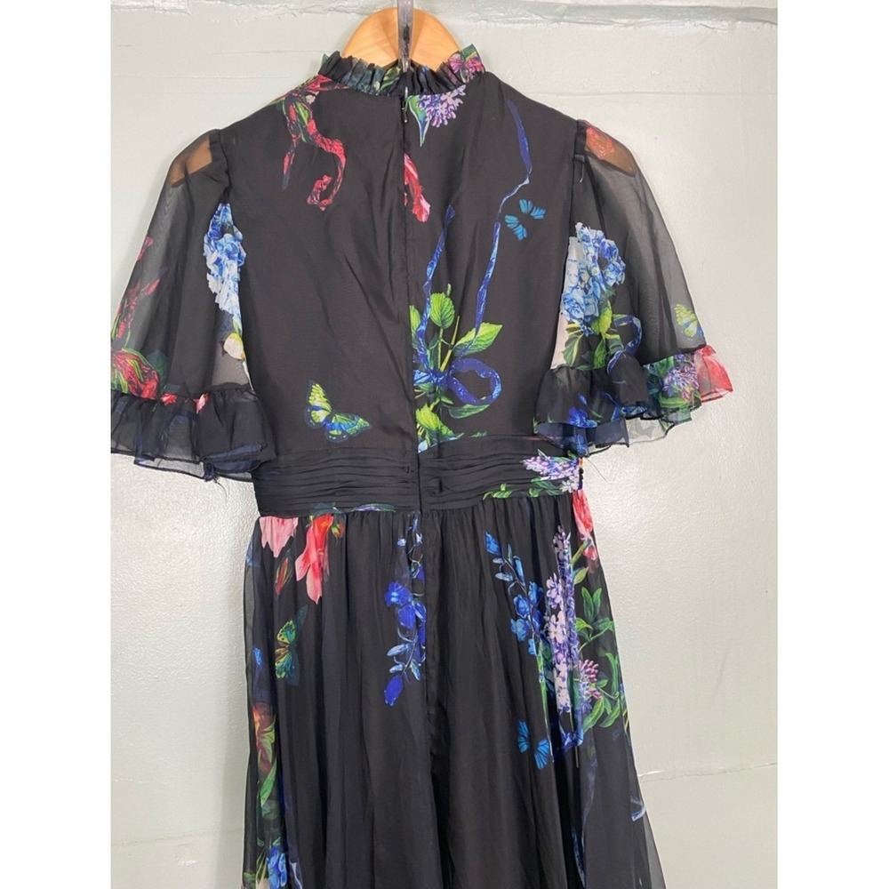 Mac Duggal Black Floral Print Ruffled High Neck Flutter Sleeve Gown Size 12 - Picture 5 of 6
